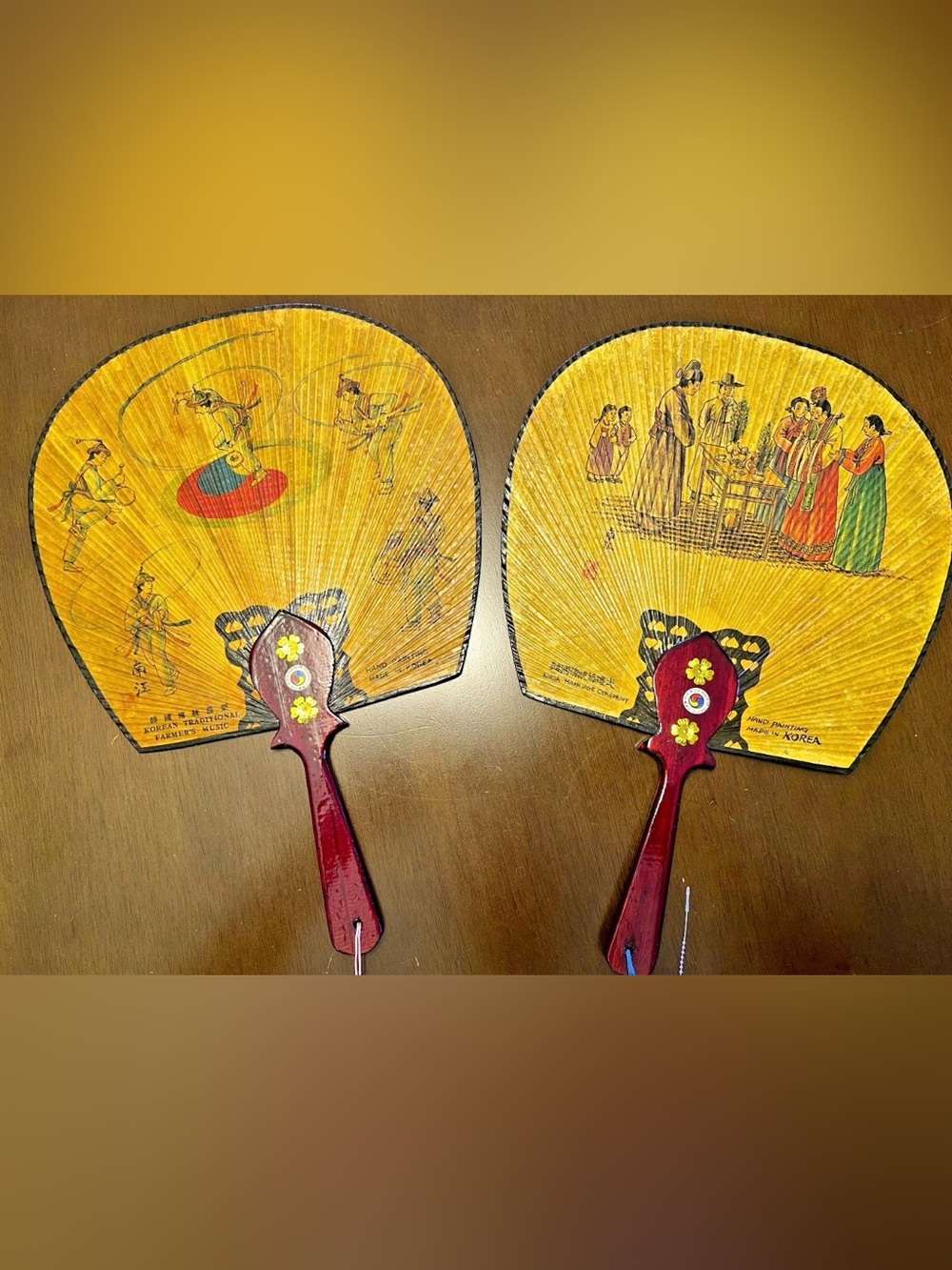 2 Set - Vintage Korean Hand Painted Bamboo Fans Danseon Farmers Music & Wedding